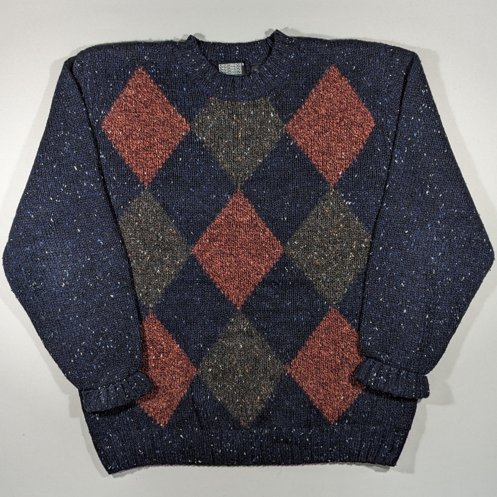 Vintage Knightsbridge Sweater Mens Medium Wool Blend Diamond Pattern Blue 90s